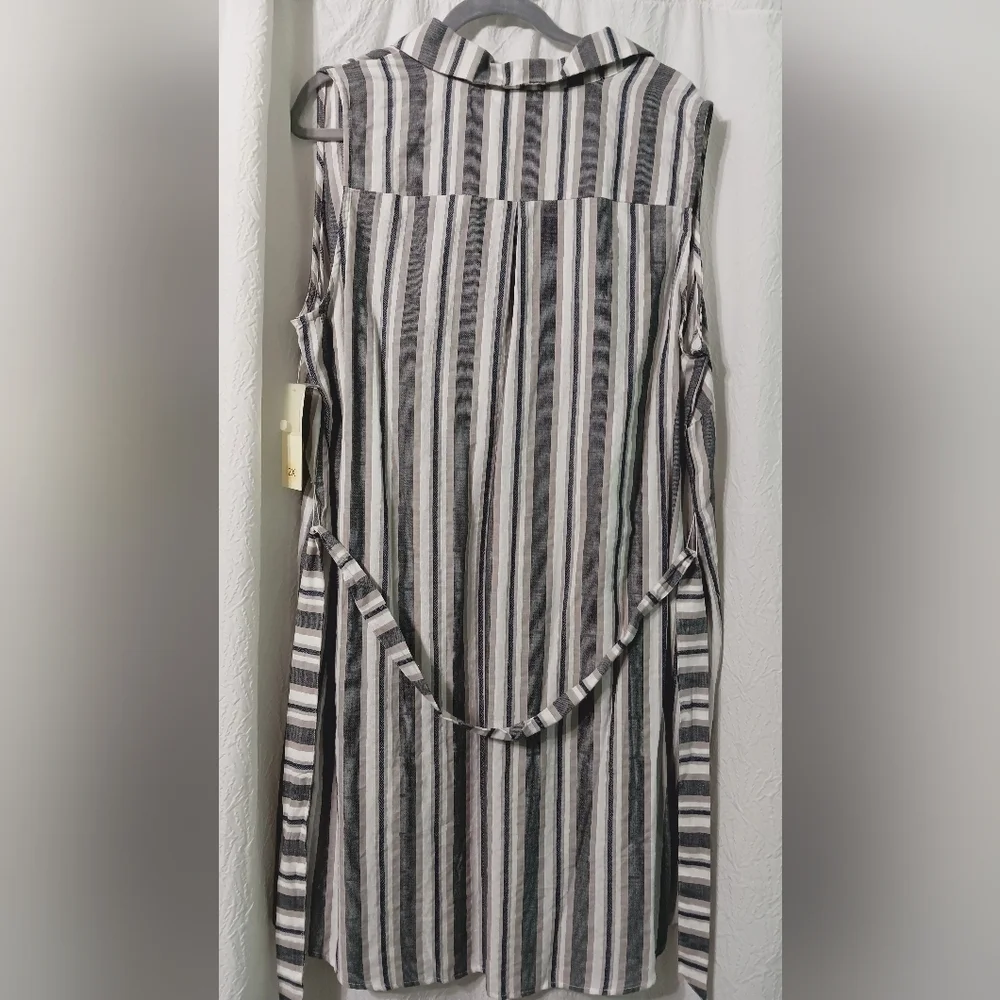 Tacera 100% Cotton Midi Dress Striped White/ Gray Size 2X Button Down